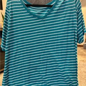 Lane Bryant Teal and White Striped V-Neck Tee